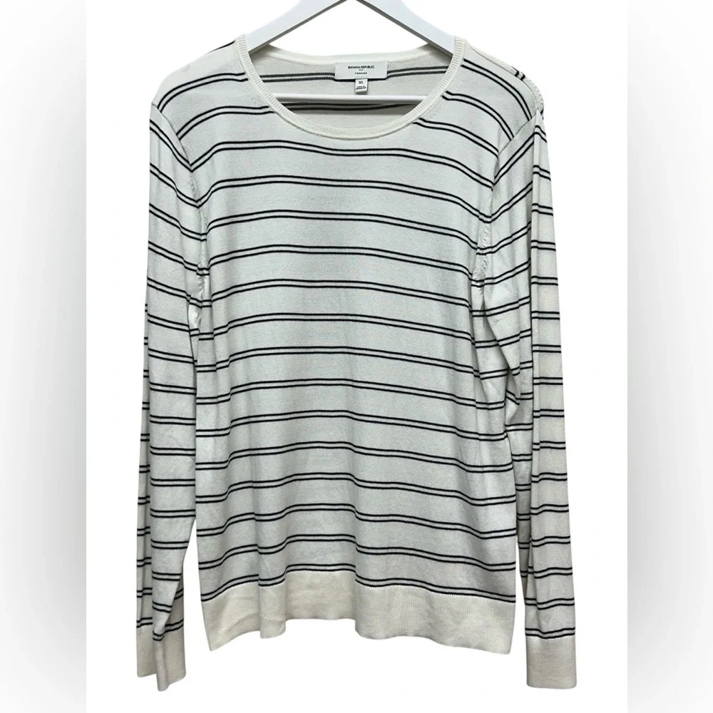 Banana Republic Forever Sweater Striped Size XL Cream Black Women Crew Neck Top - Picture 1 of 5